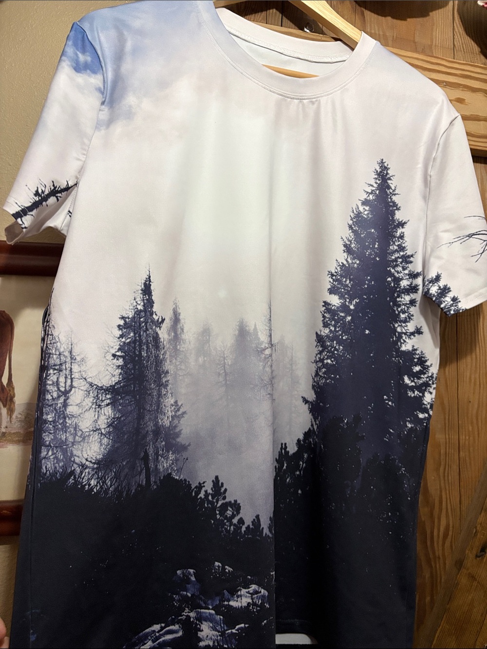 Women's Short Sleeve Tee - Forest Fade Print in White and Navy
